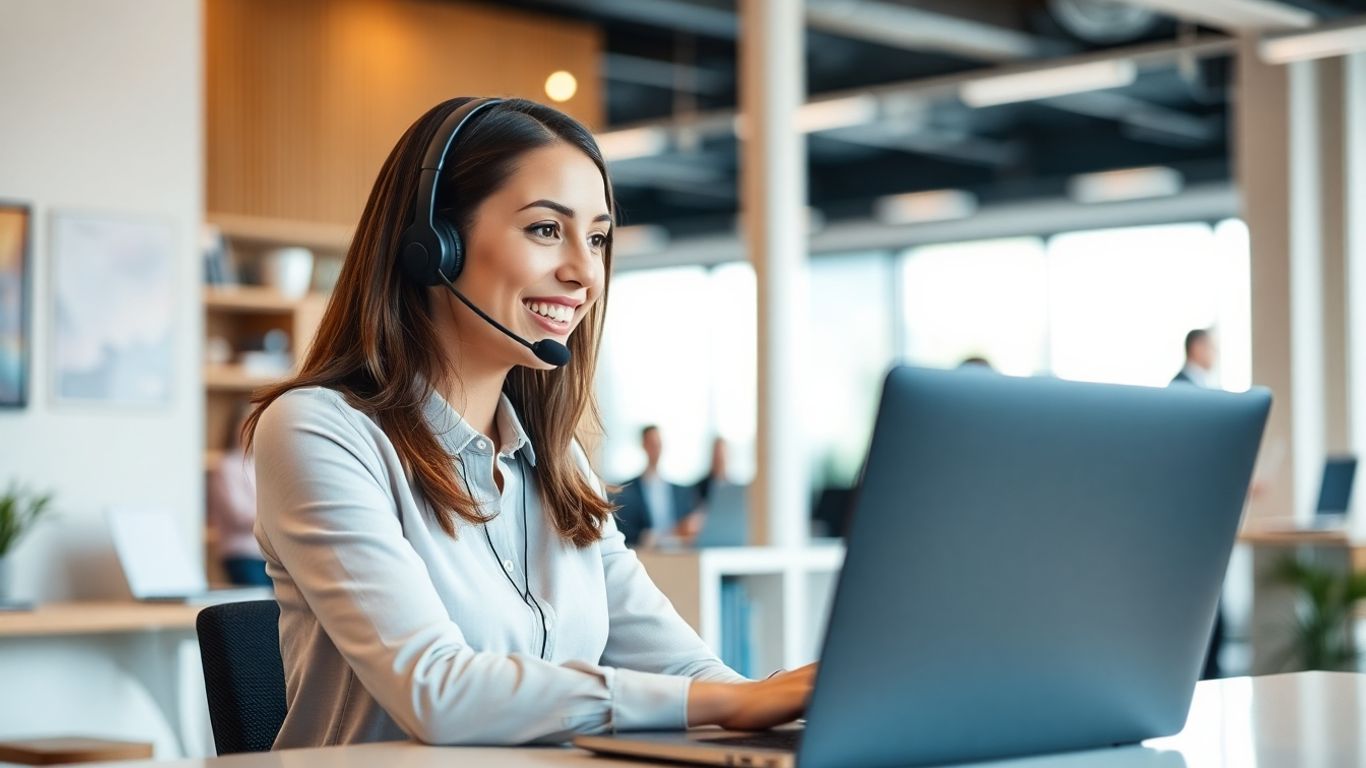 Virtual receptionist assisting customers in a busy business office