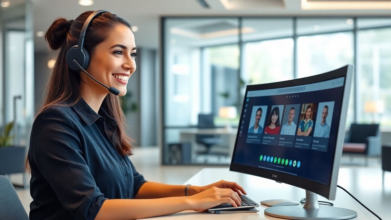 Virtual receptionist in a modern, bright office environment