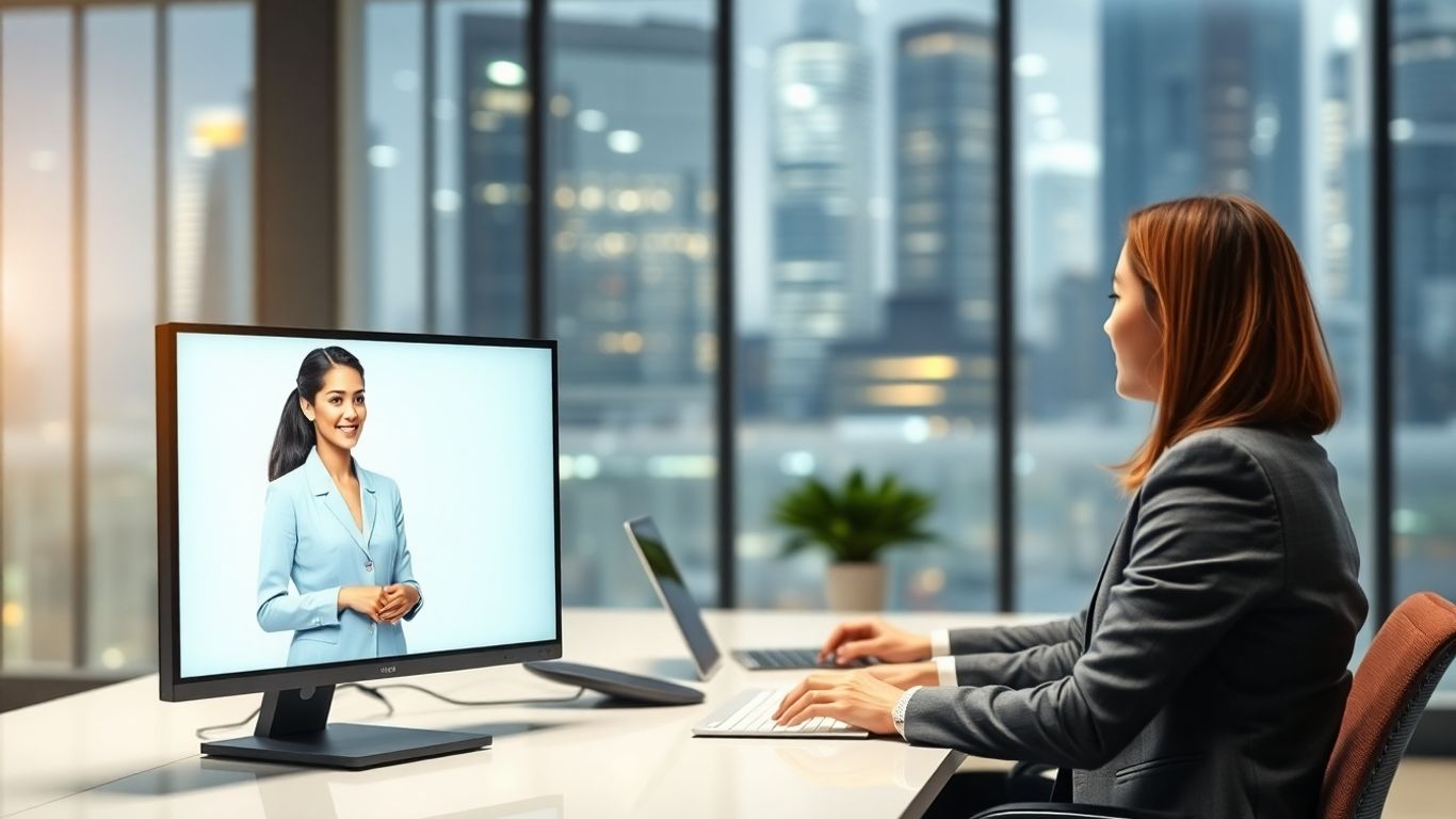 Virtual receptionist assisting businessperson in a futuristic office