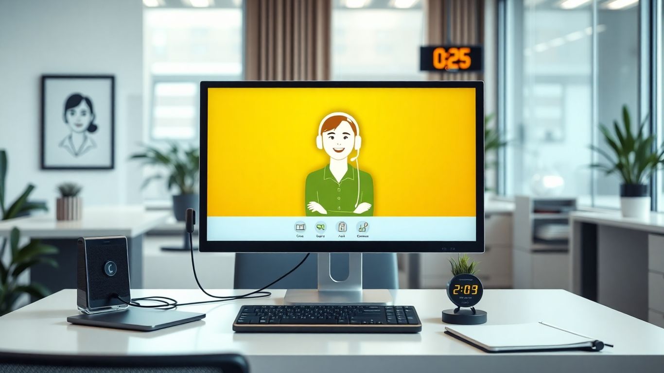 Virtual receptionist on computer in modern office setup