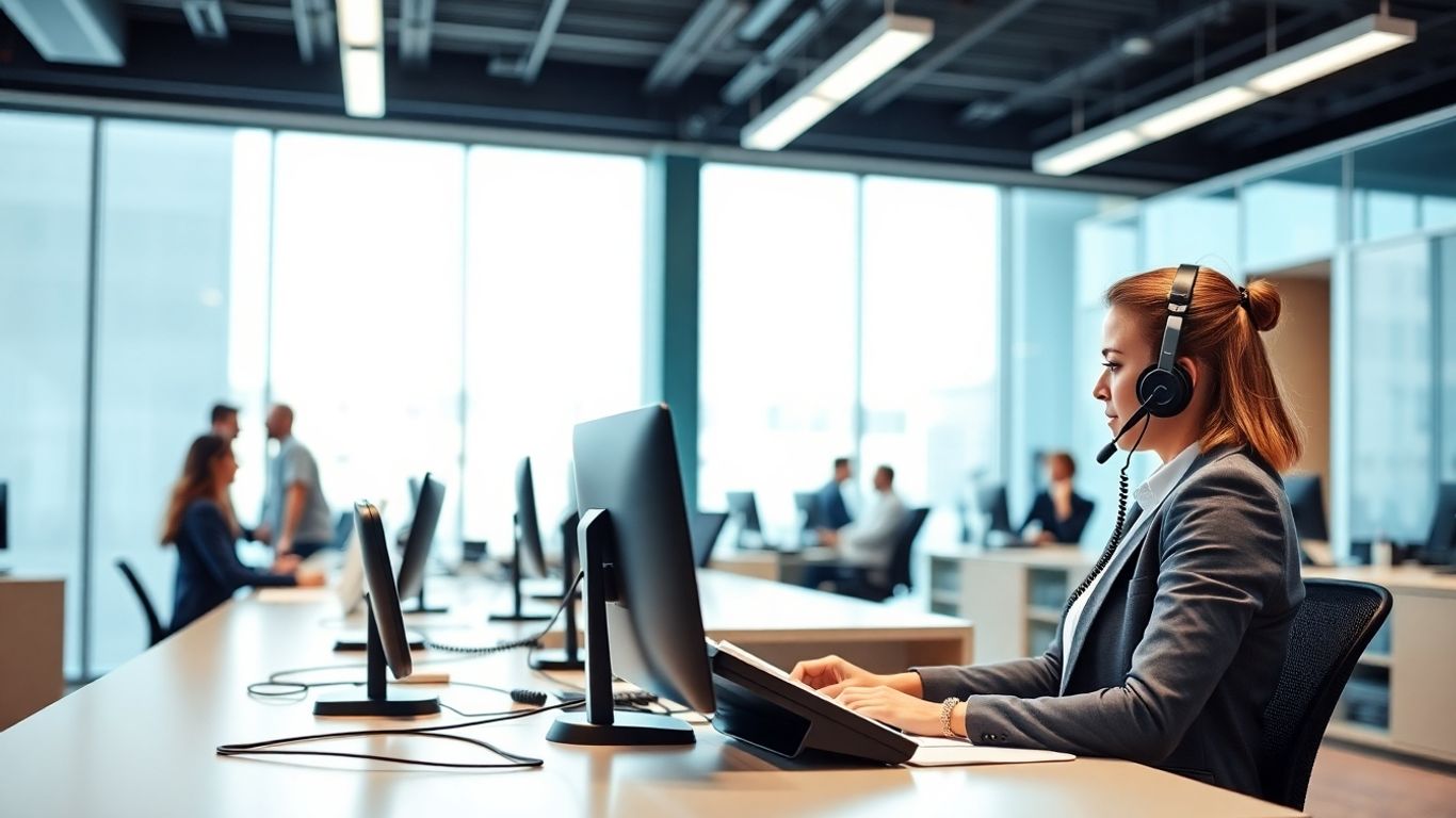 Receptionist handling multiple phone calls in busy office