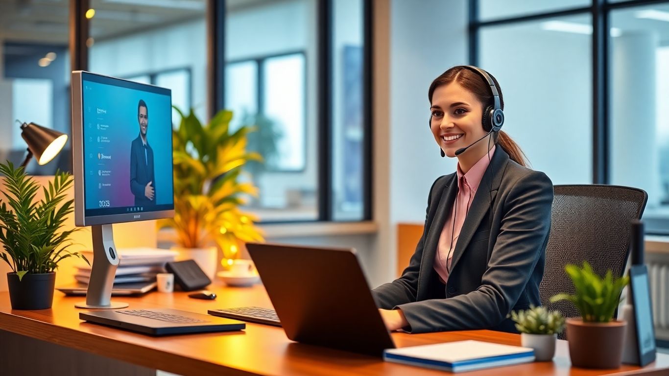 Virtual receptionist at desk helping happy business client