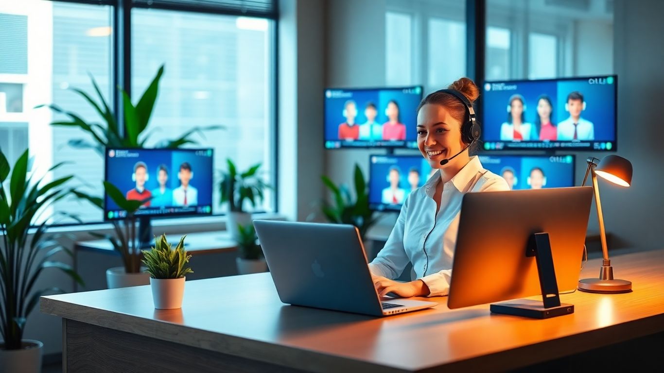 Virtual receptionist at desk with multiple computer screens.