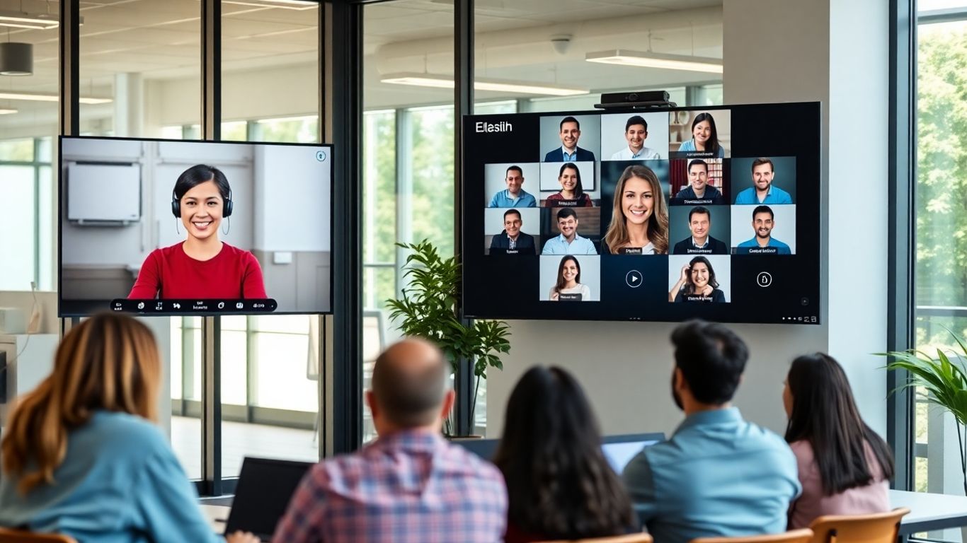 Virtual receptionist assisting team via video call in office