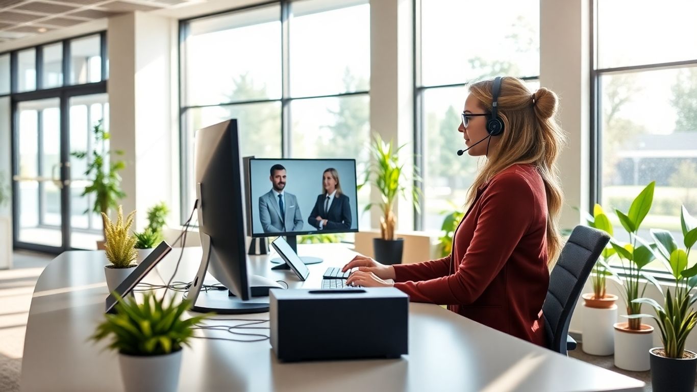 Virtual receptionist on headset in modern Murrieta office