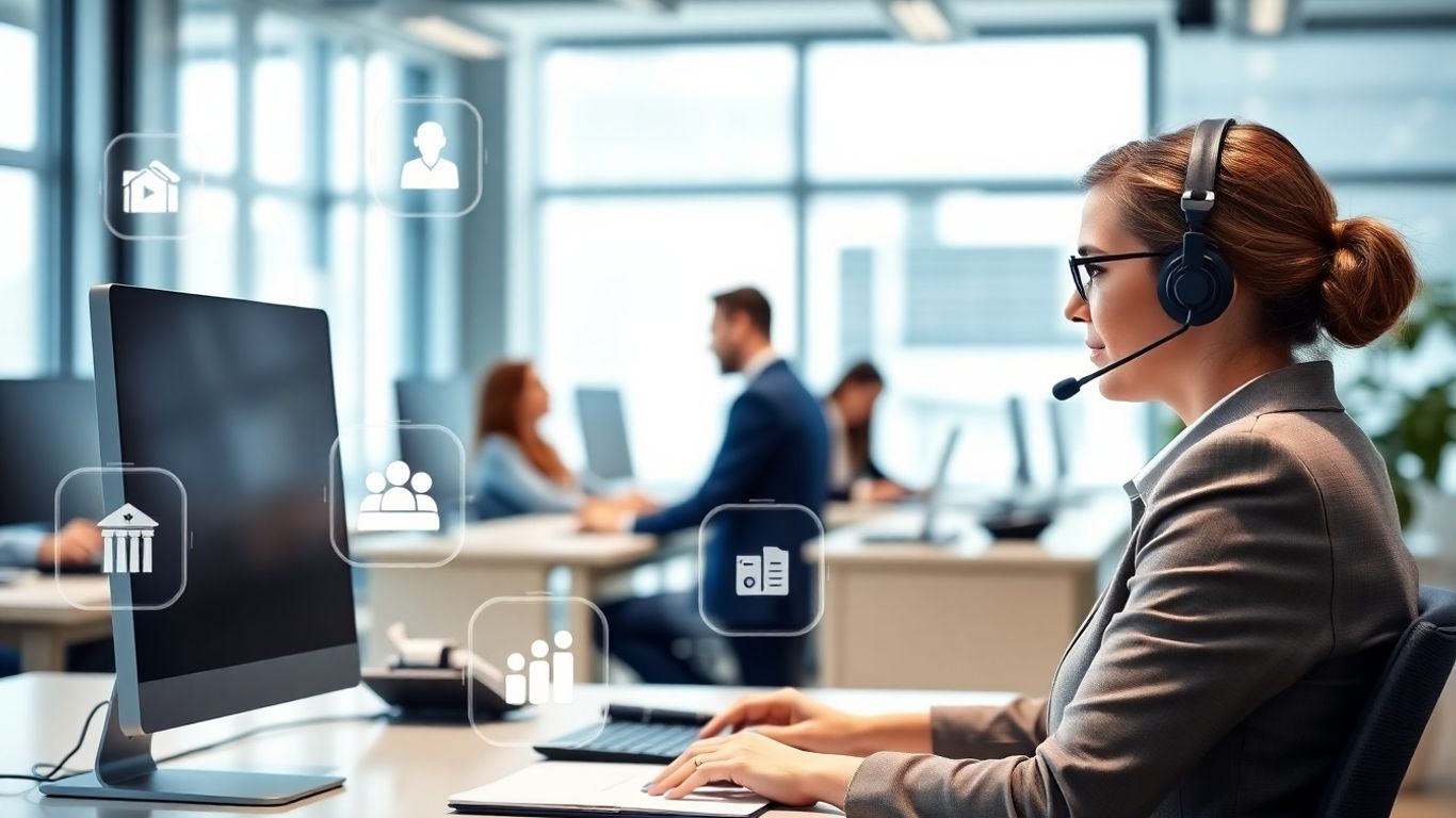Businesswoman using computer with CRM icons in office