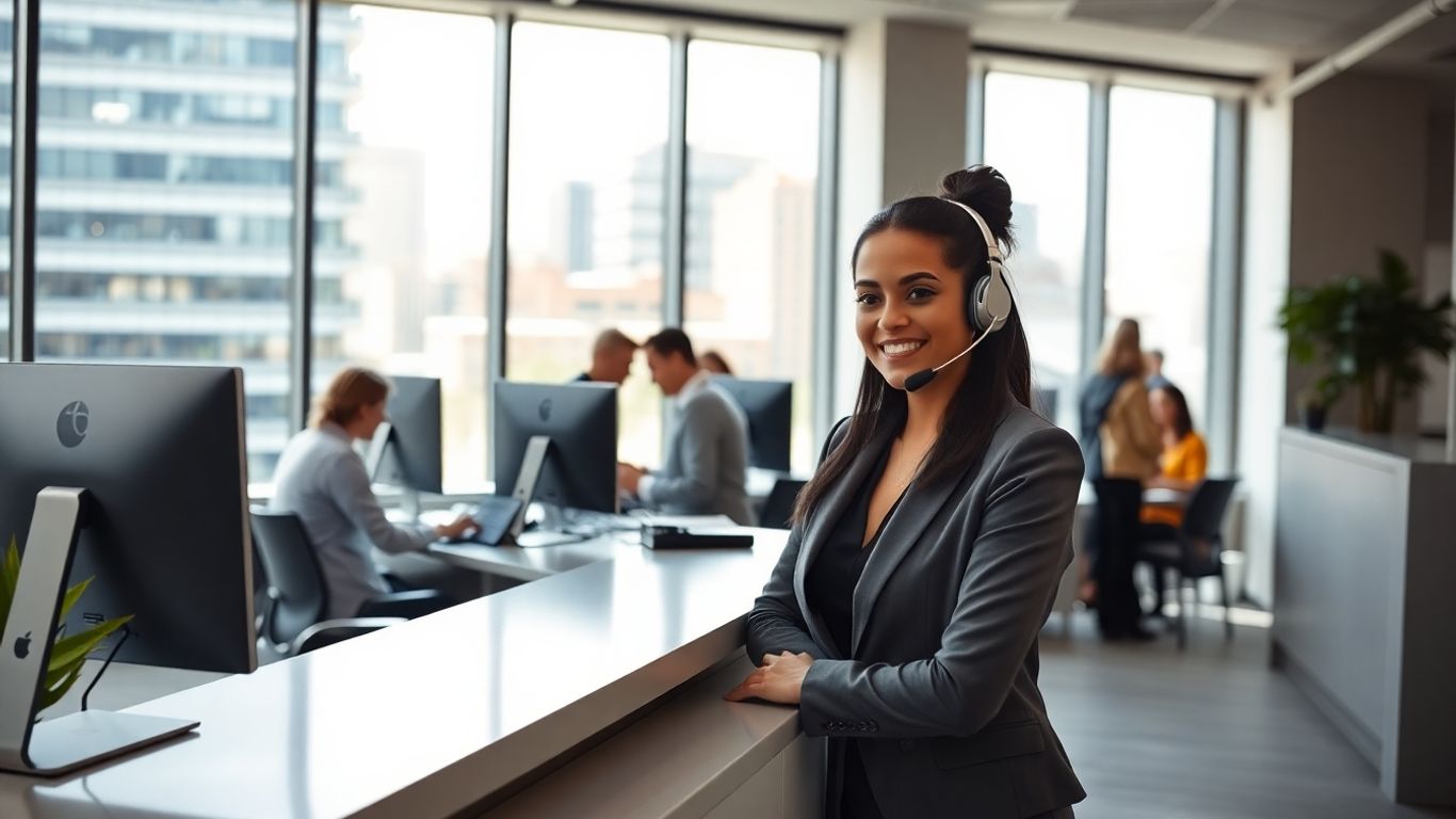 Receptionist with headset in modern office setting