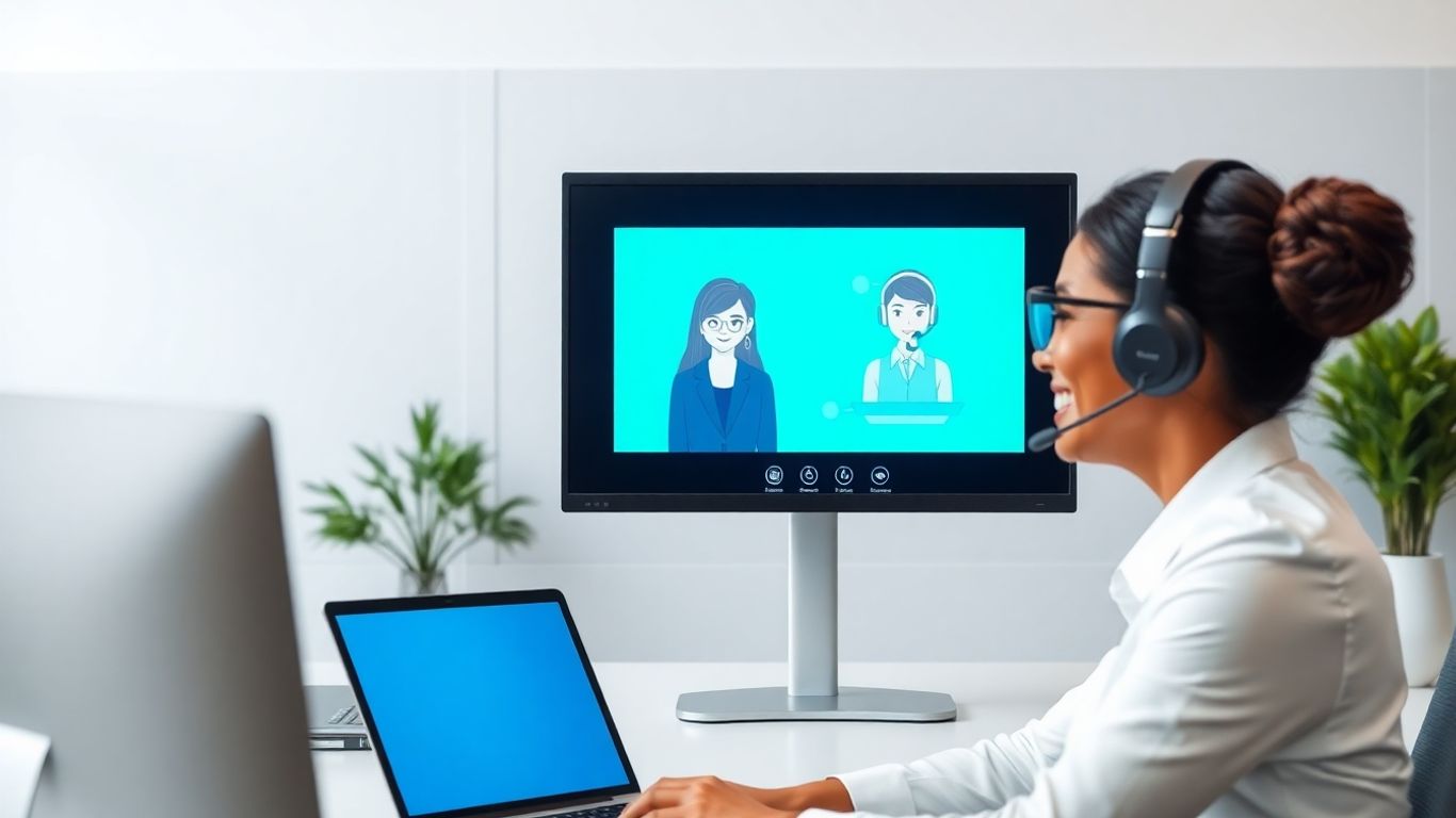Virtual receptionist interacting with business professional on computer screen