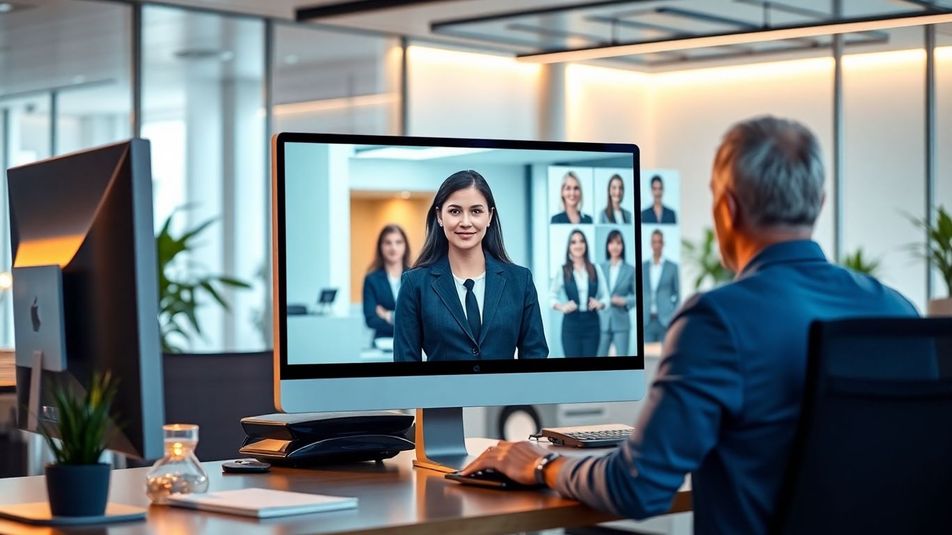 Virtual receptionist assisting business team in modern office