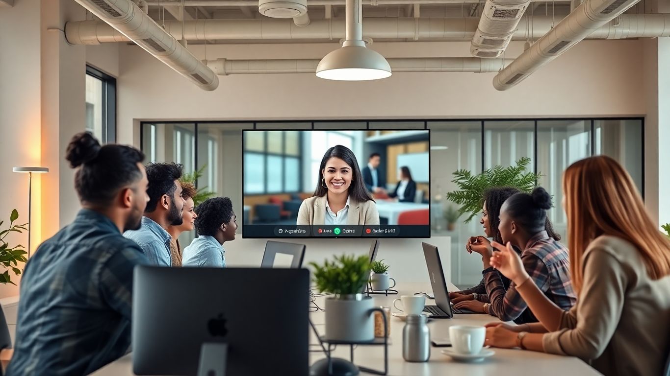 Team video calling virtual receptionist in modern bright office