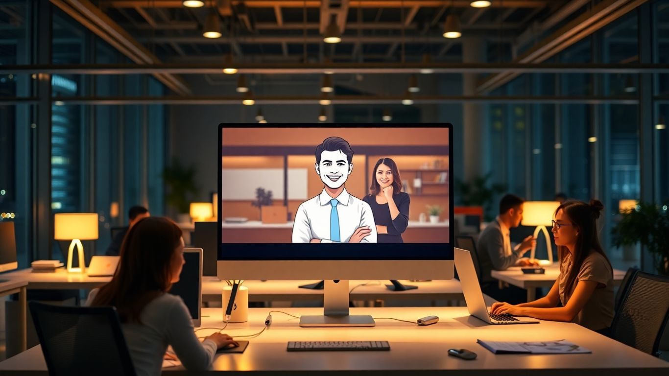 Virtual receptionist on screen in modern office at night
