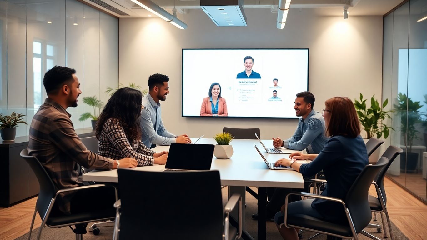 Team meeting with digital receptionist in modern office