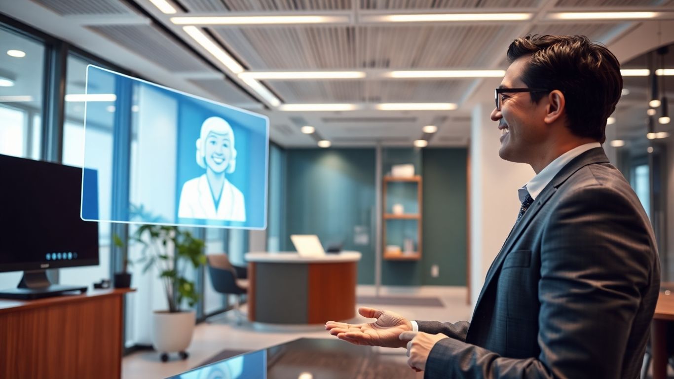 Virtual receptionist hologram greeting person in modern office.