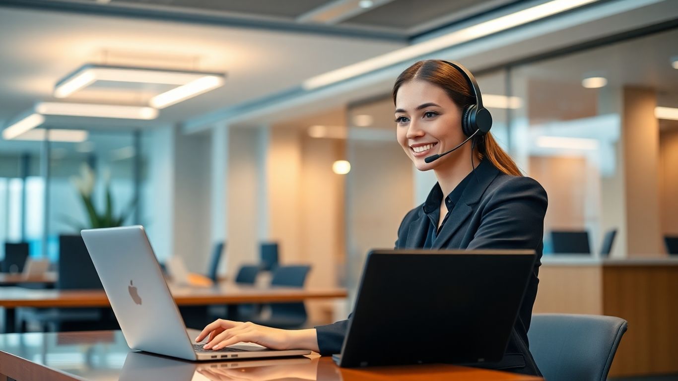 Virtual receptionist at desk using laptop and headset