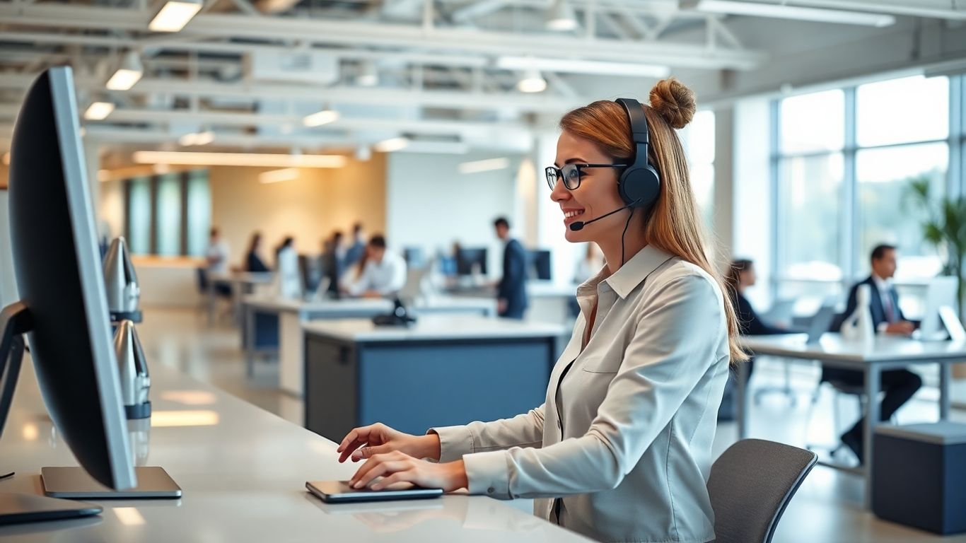 Virtual receptionist answering business calls in a modern office