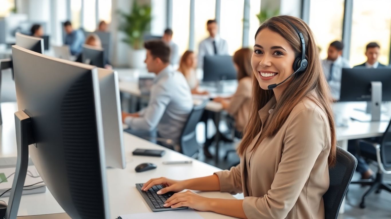 Virtual receptionist assisting clients in a modern Temecula office