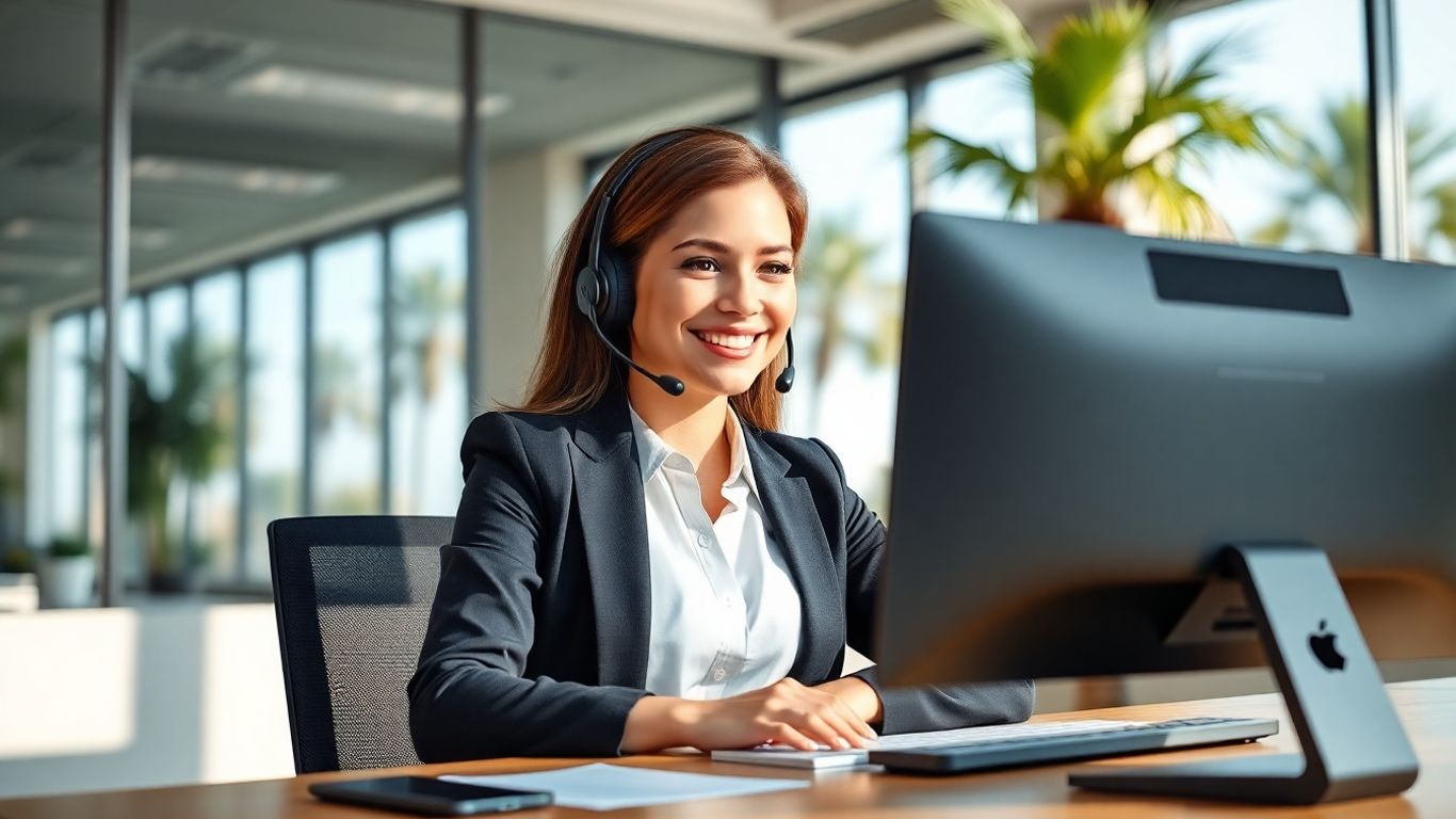 Virtual receptionist smiling in modern Temecula office
