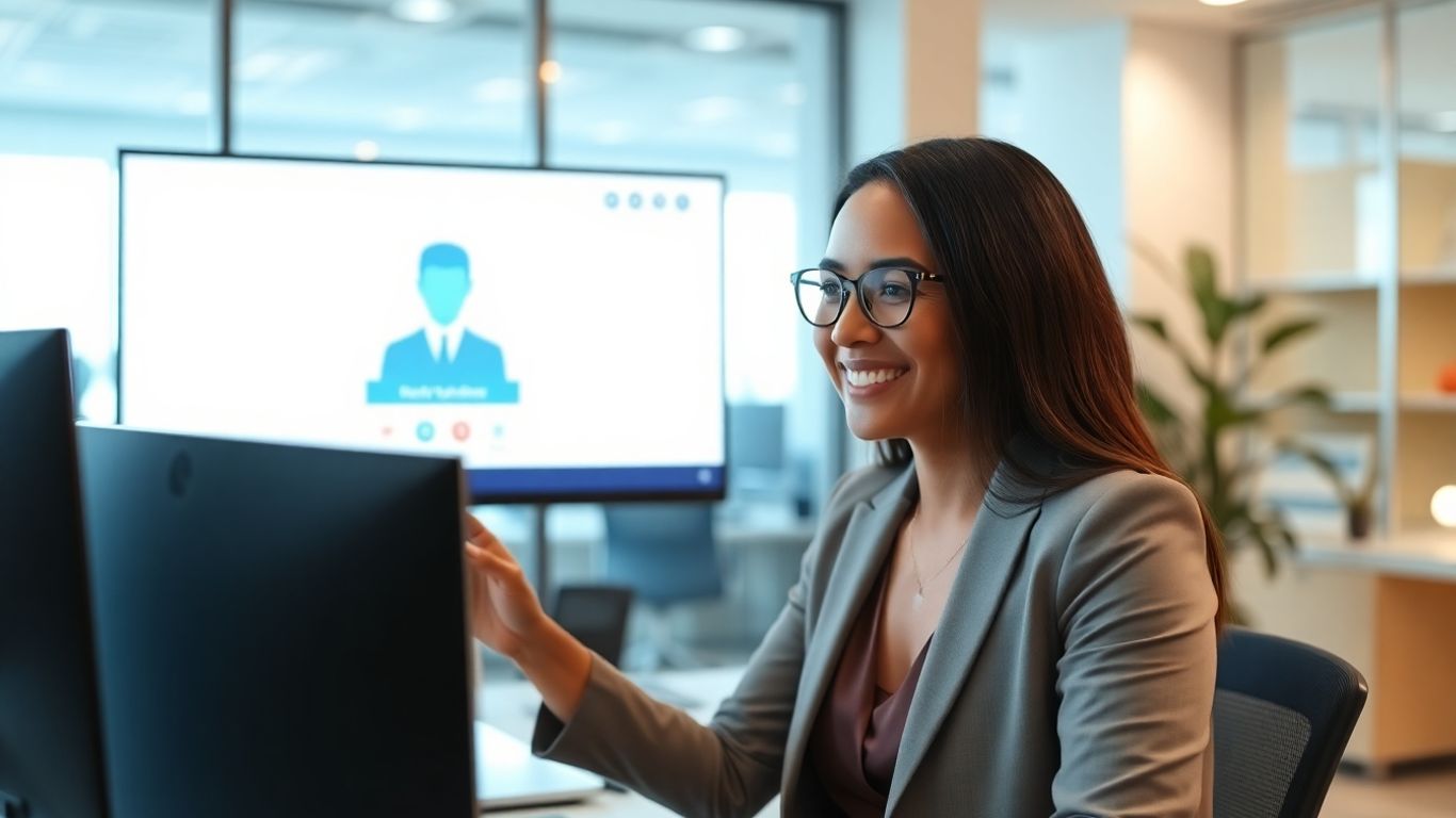 Professional using virtual receptionist with AI technology.