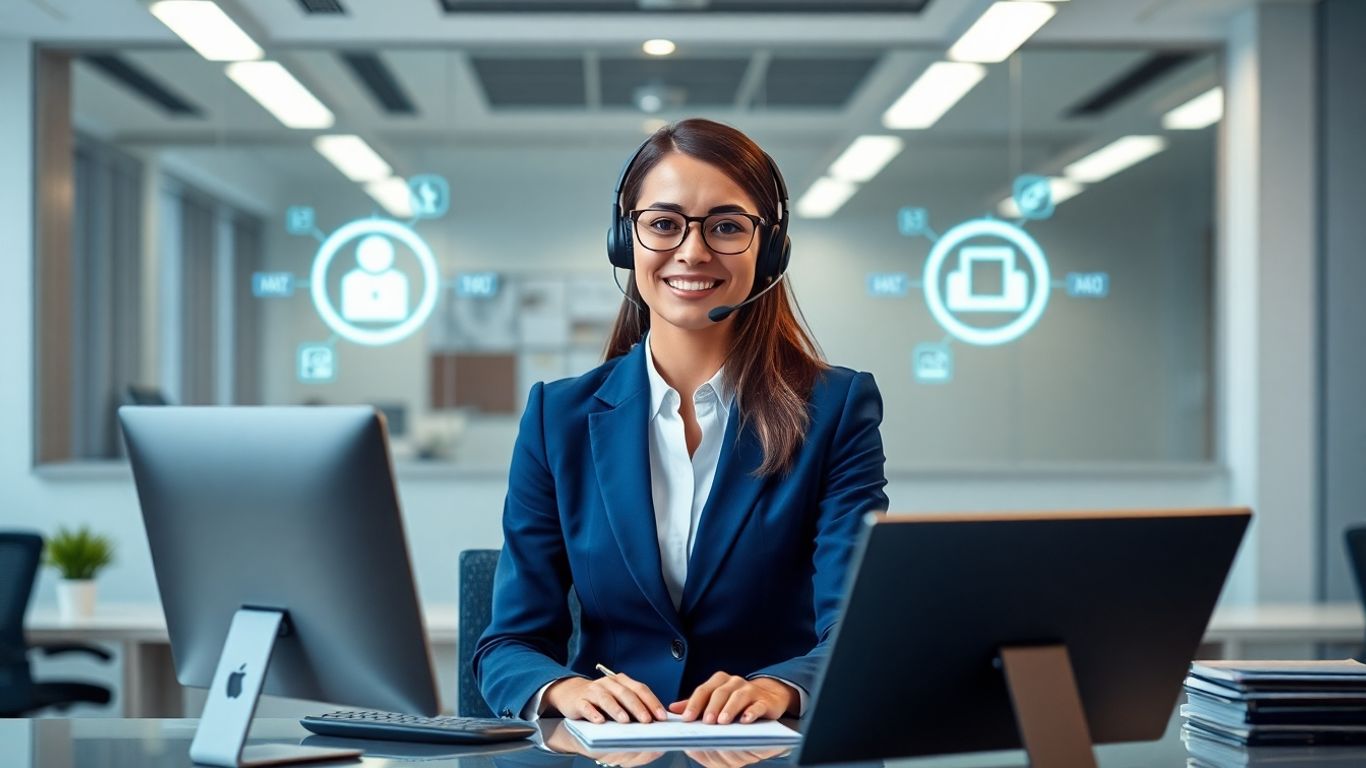 Virtual receptionist at desk with headset in modern office