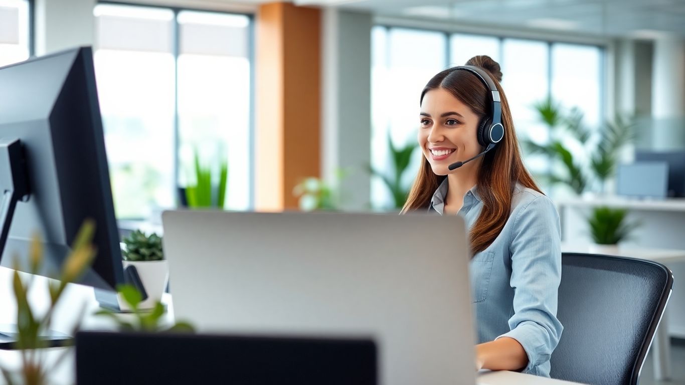 Virtual receptionist assisting business owner through video call