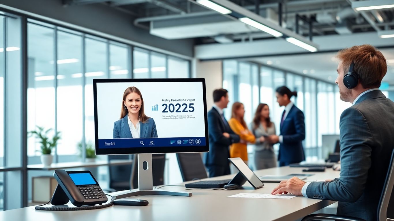 Virtual receptionist assisting professionals in modern Lancaster office.