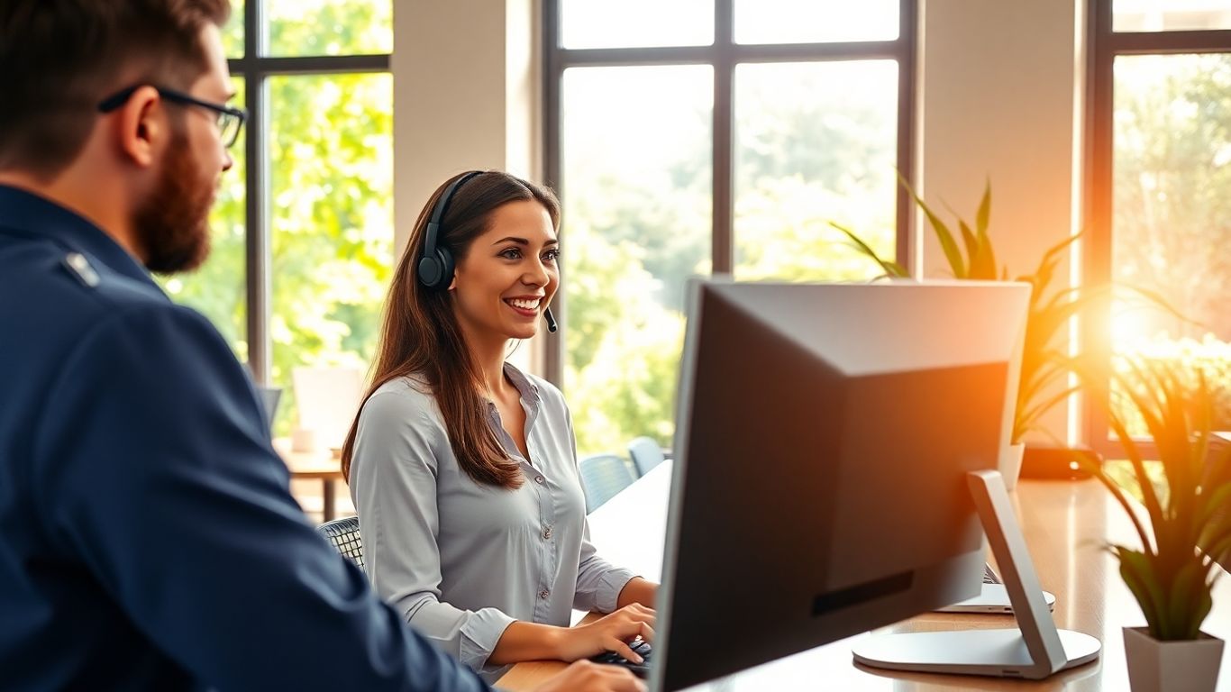 Virtual receptionist greeting clients on computer in office