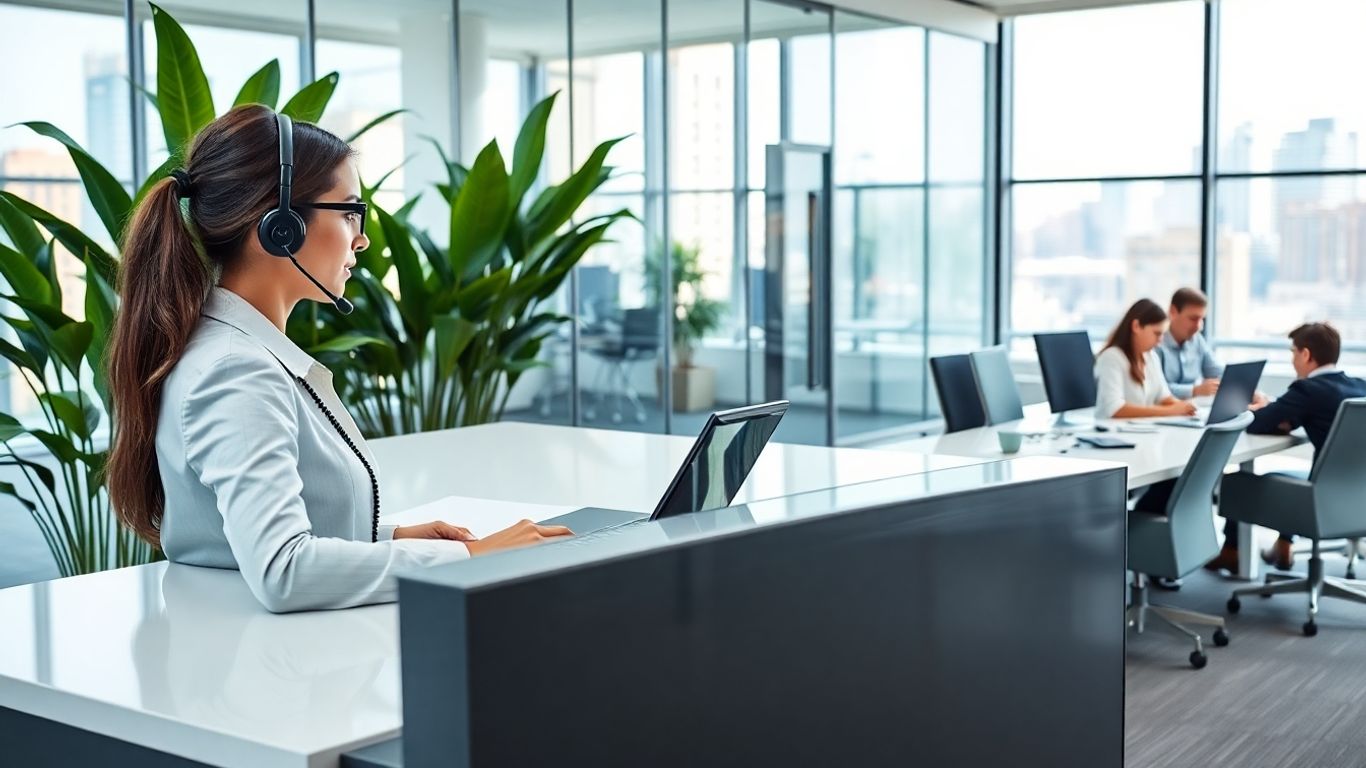 Receptionist at desk in modern hybrid workspace