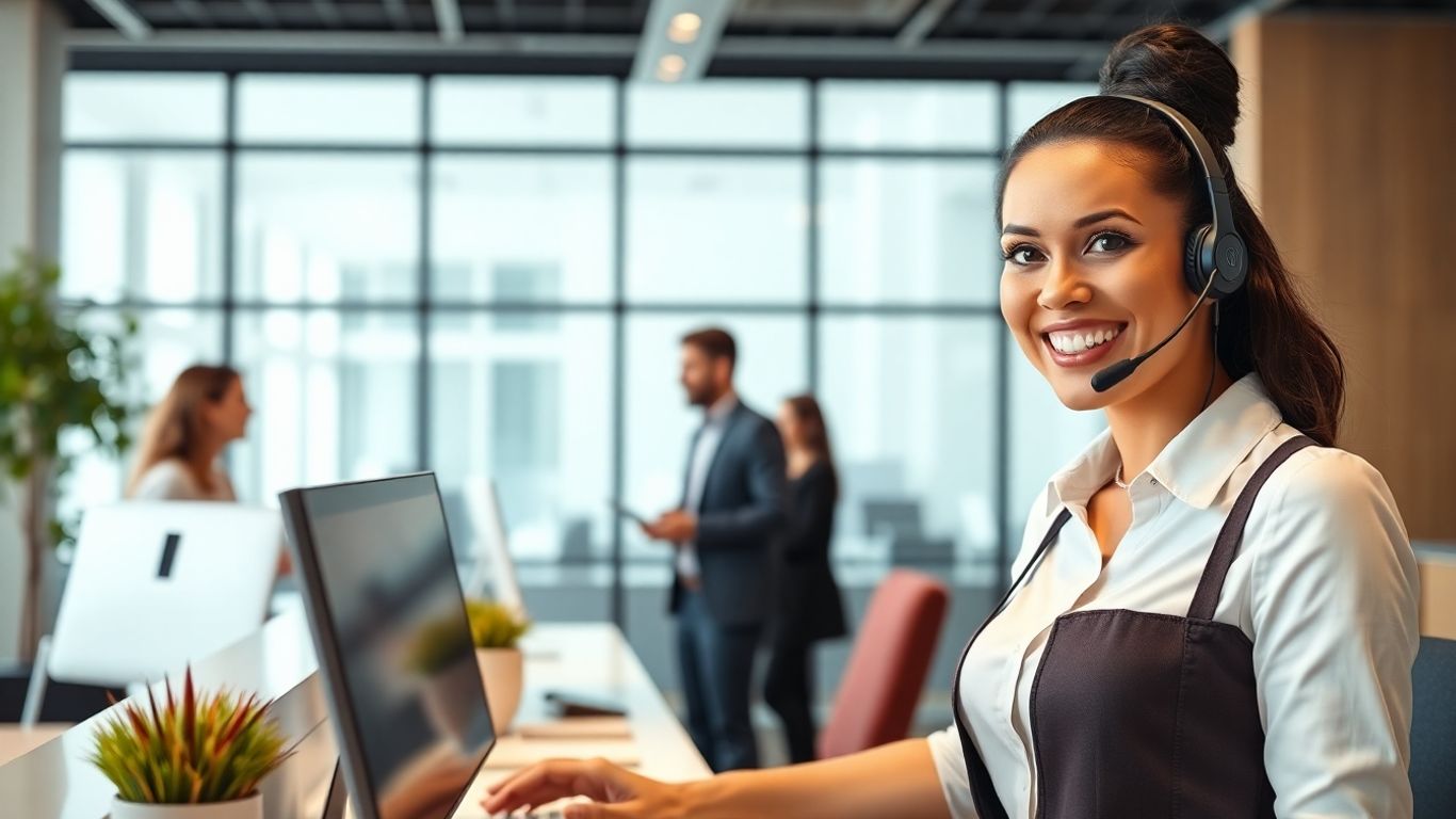 Virtual receptionist assisting clients in a modern office