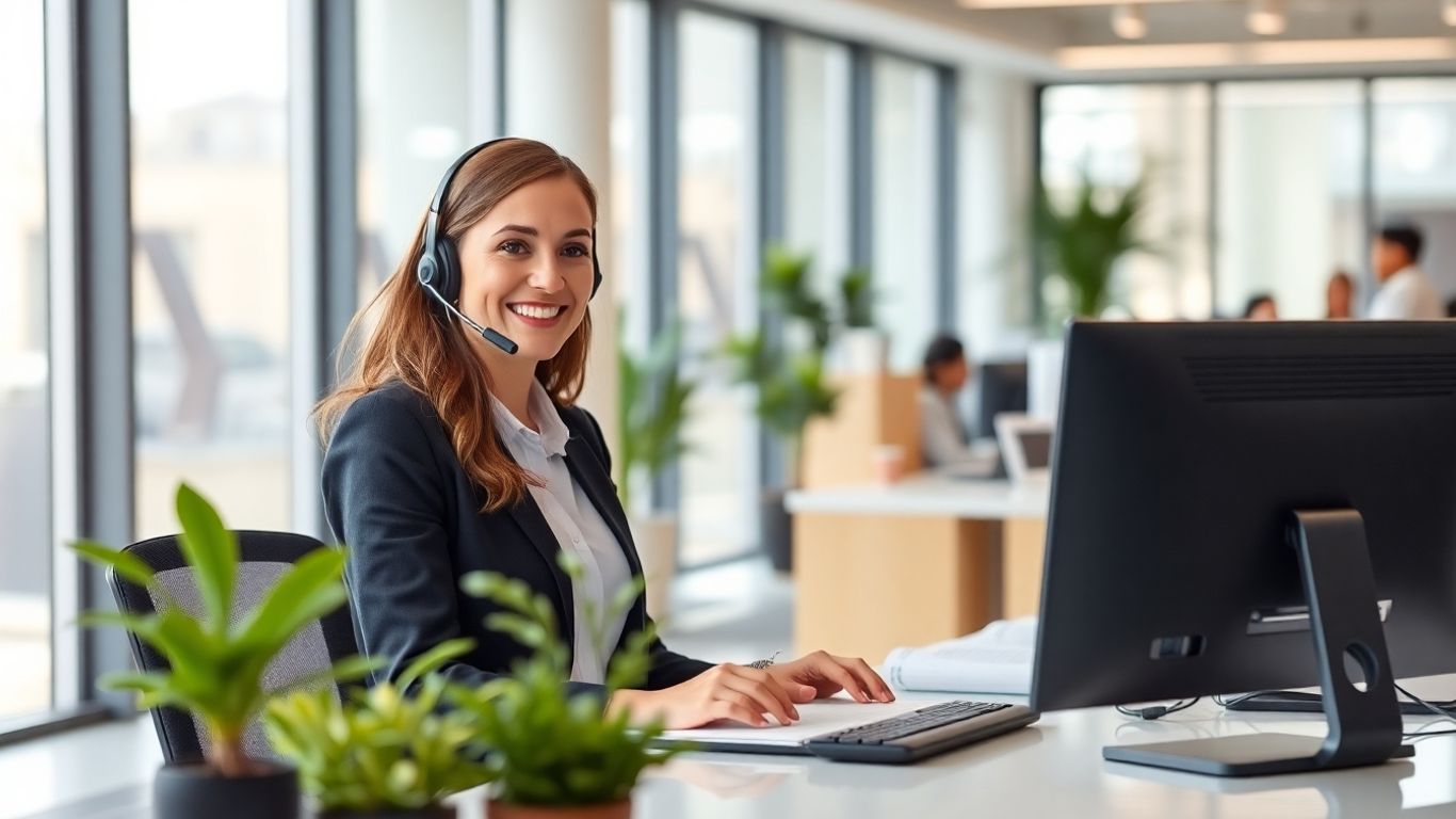 Virtual receptionist answering calls in modern office space.