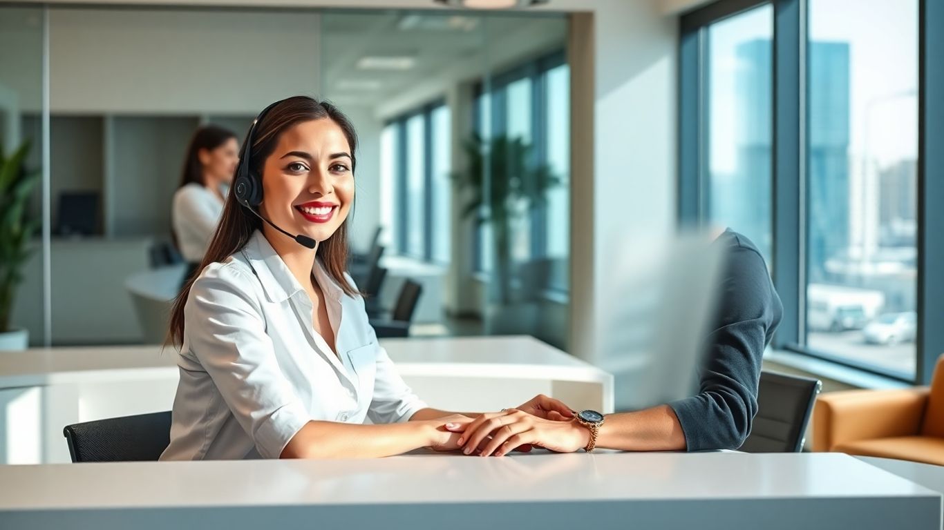 Bilingual receptionist greeting clients in a modern office