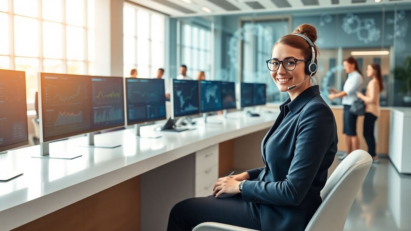 Virtual receptionist at desk with monitors and headset
