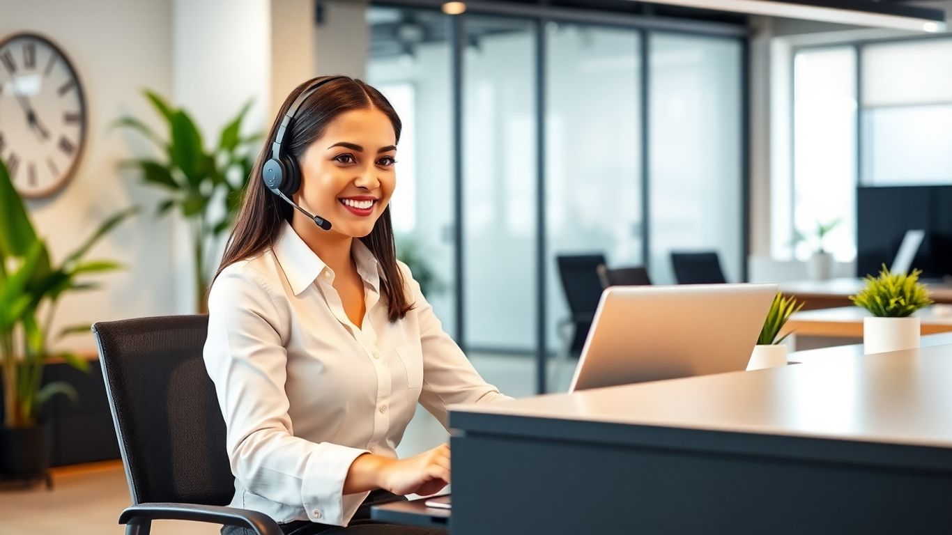 Virtual receptionist at desk using headset and laptop