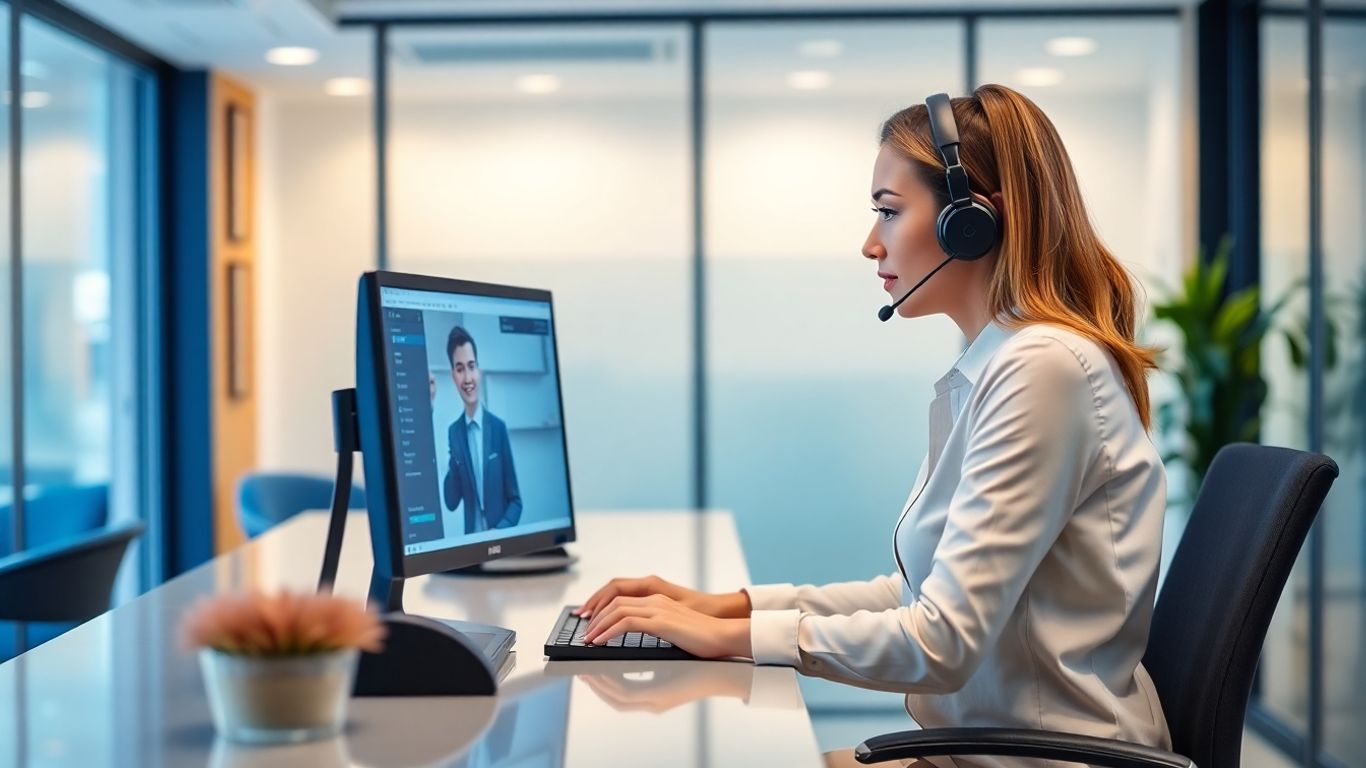 Receptionist with headset at desk helping customer virtually