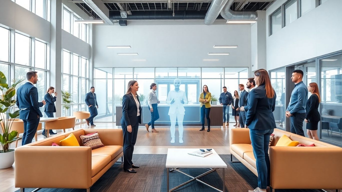 Virtual receptionist greeting businesspeople in office lobby