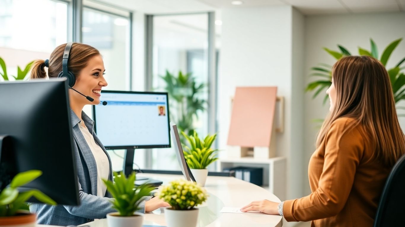 Receptionist scheduling appointment for local client in office