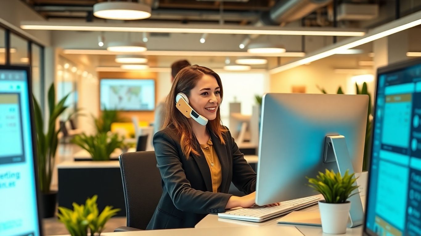 Virtual receptionist working with advanced CRM tools in office