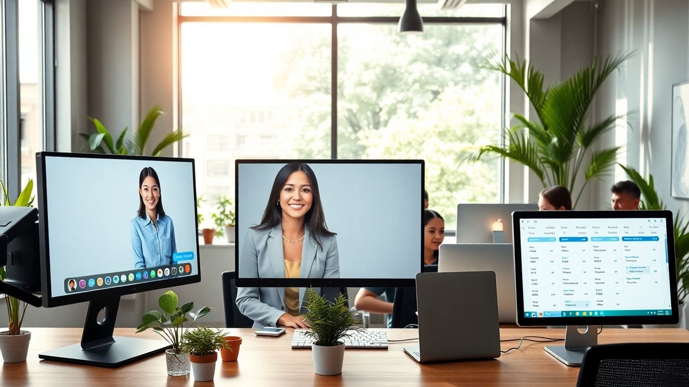 Virtual receptionist greeting business professionals in office.