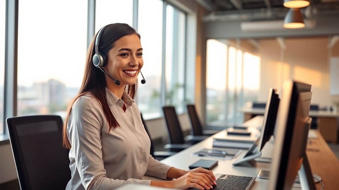 Virtual receptionist on headset in modern Huntsville office