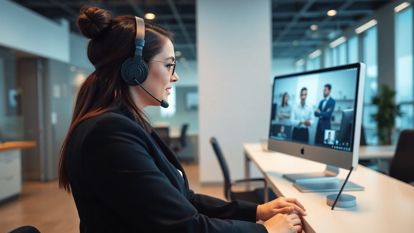 Virtual receptionist greeting clients in a modern office