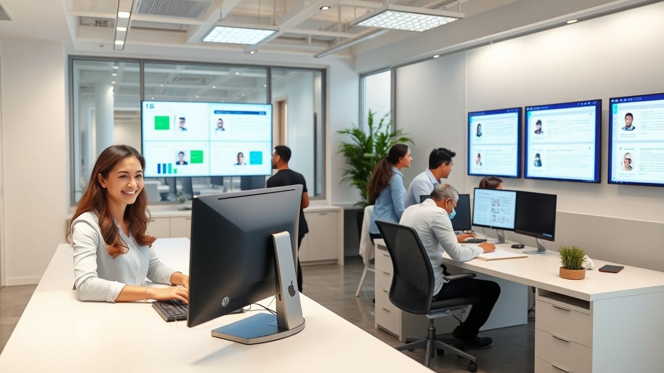 Receptionist at desk with digital profiles in bright office