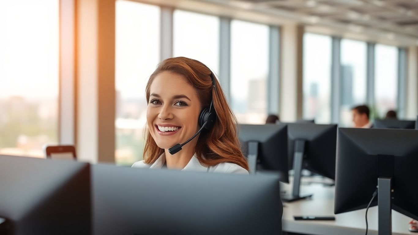 Virtual receptionist in modern office with Huntsville cityscape