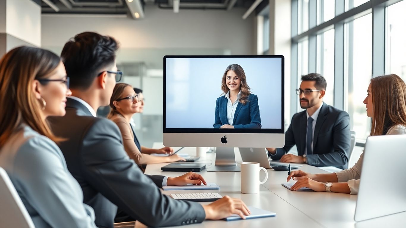Virtual receptionist on computer screen with business team