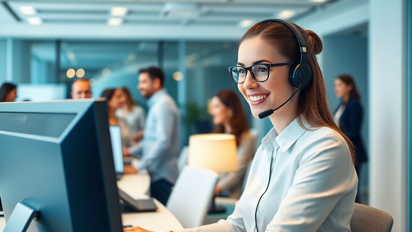 Virtual receptionist assisting clients in modern office setting