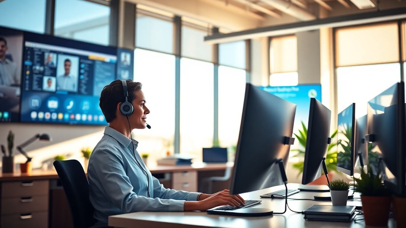 Virtual receptionist answering calls in a modern office