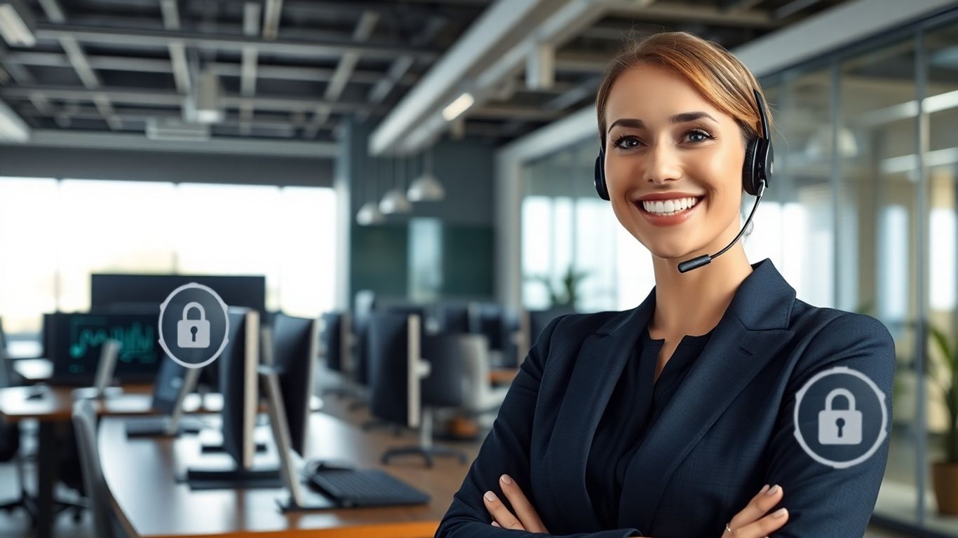 Virtual receptionist with headset in modern secure office