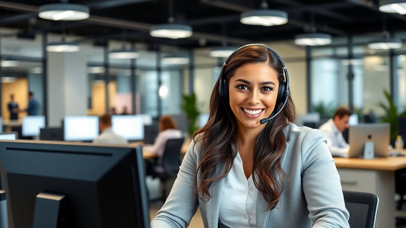 Virtual receptionist handling calls in modern office setting.