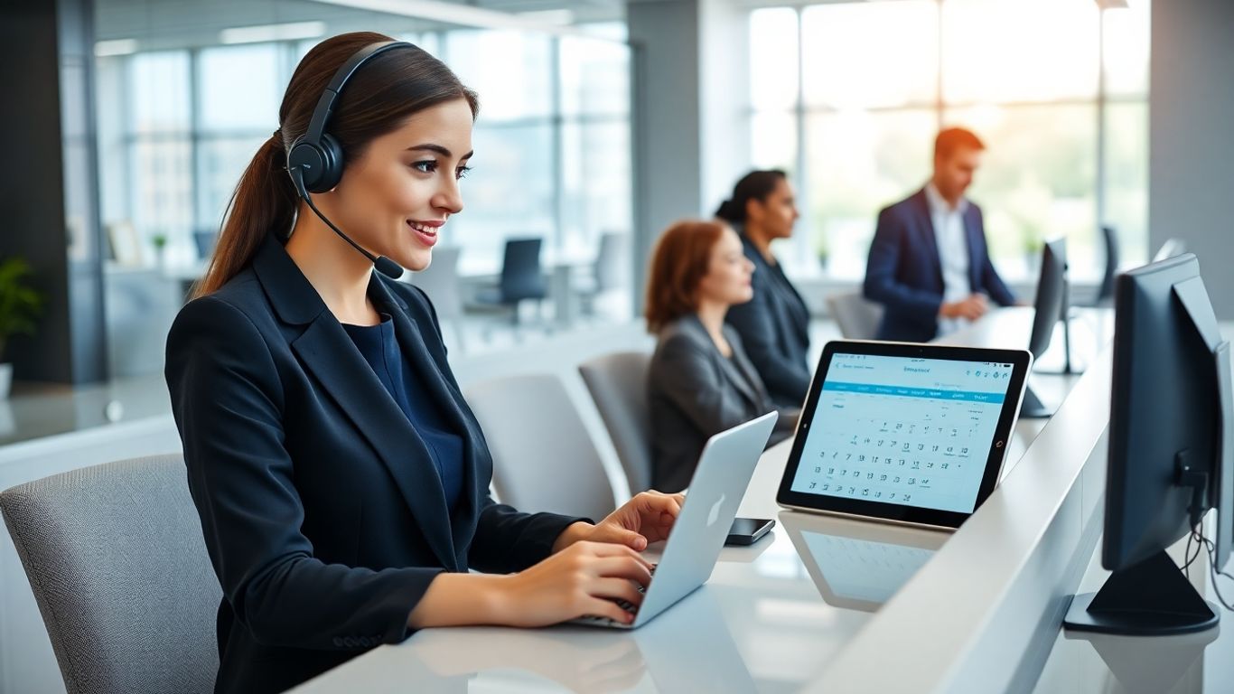 Receptionist manages calendars in modern office workspace