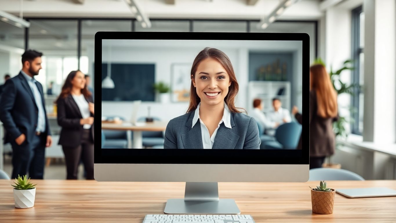 Virtual receptionist greets clients in busy modern office.