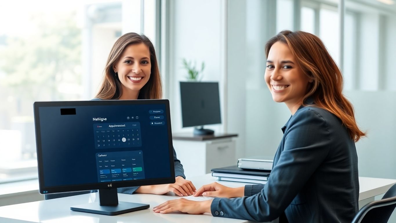 Virtual receptionist managing digital calendar appointments at desk