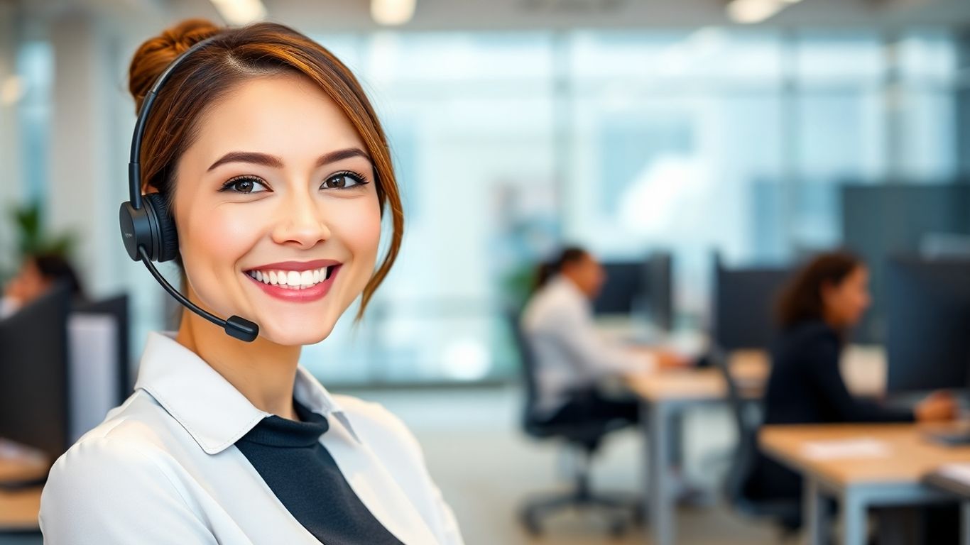 Virtual receptionist smiling in modern office environment